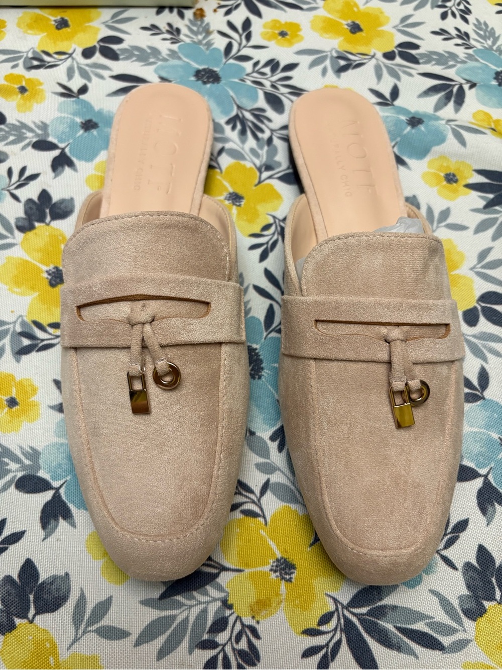 MOTF Beige Suede Slip-On Loafer Mules with Gold Accents